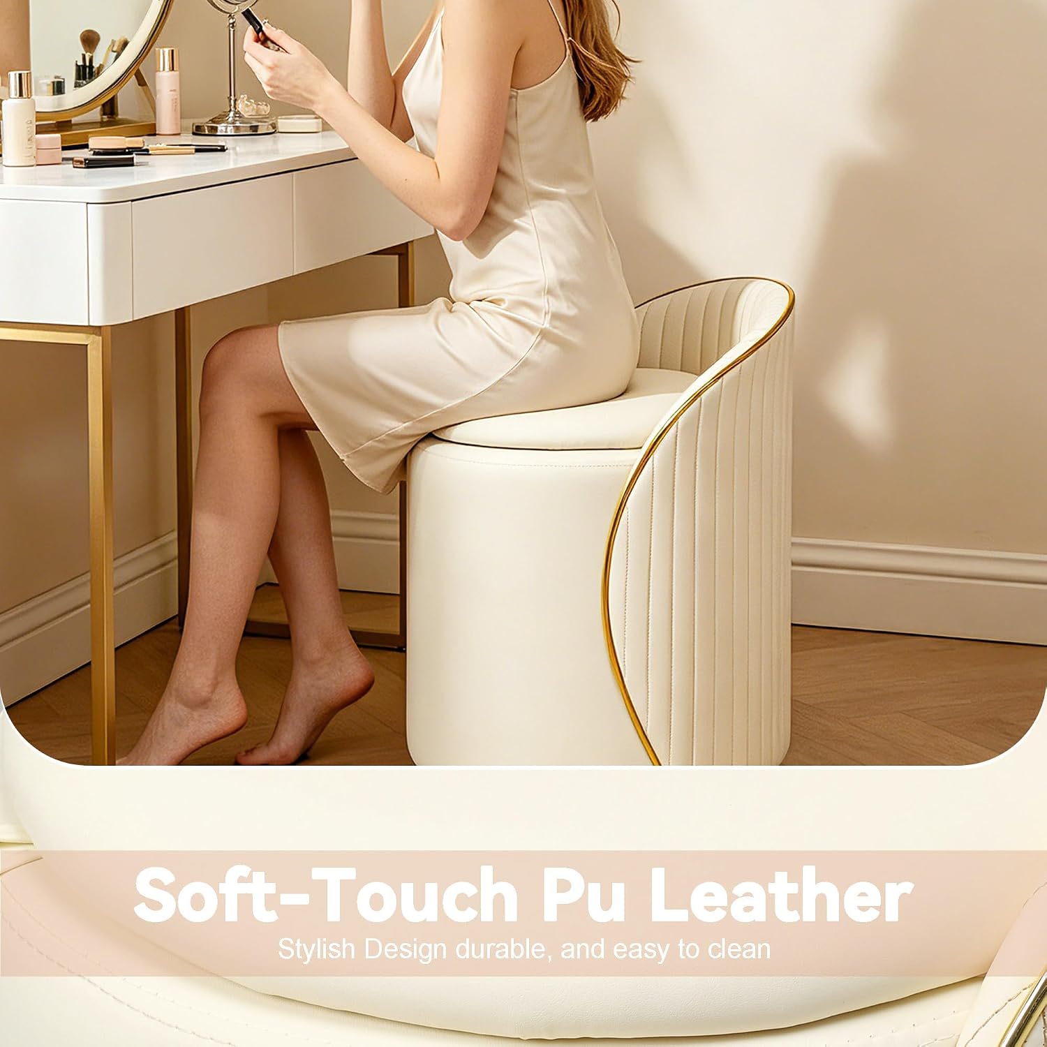 Beige Faux Fur Swivel Vanity Stool with Storage Back