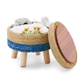 Natural Seagrass Round Storage Ottoman with Wood Legs
