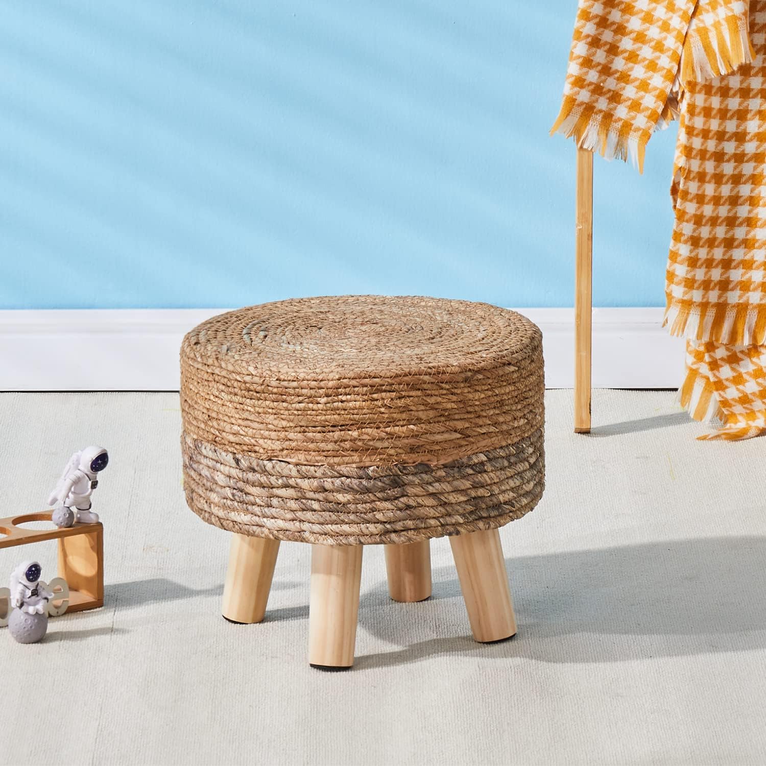Handwoven Round Seagrass Padded Outdoor Ottoman Stool