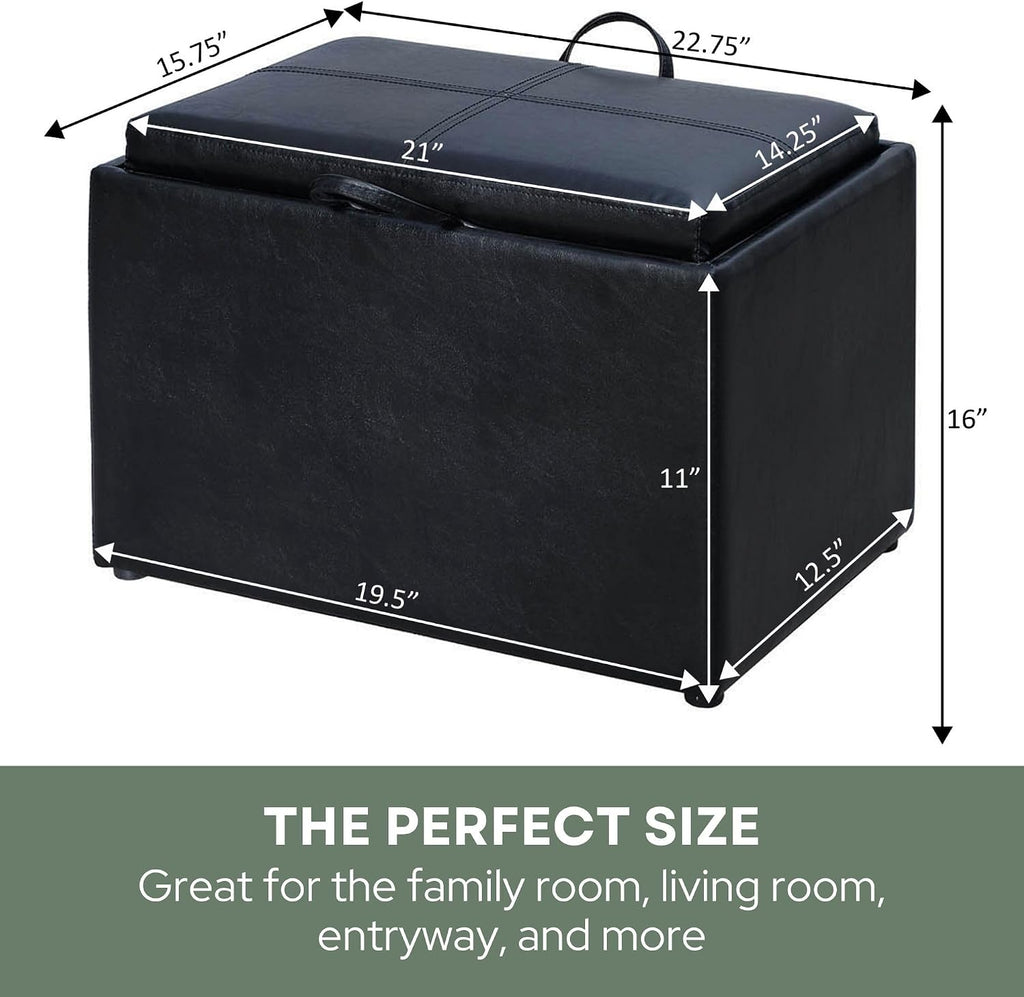 Black Faux Leather Tray Top Storage Ottoman Stool