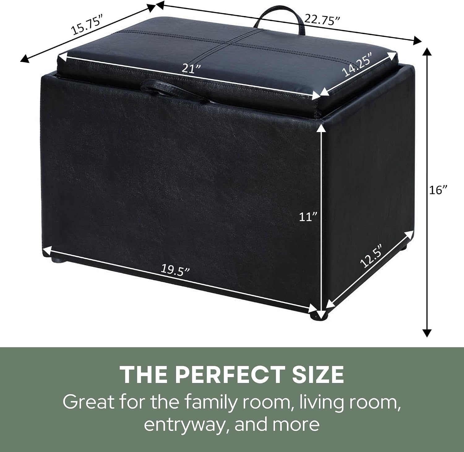 Black Faux Leather Tray Top Storage Ottoman Stool