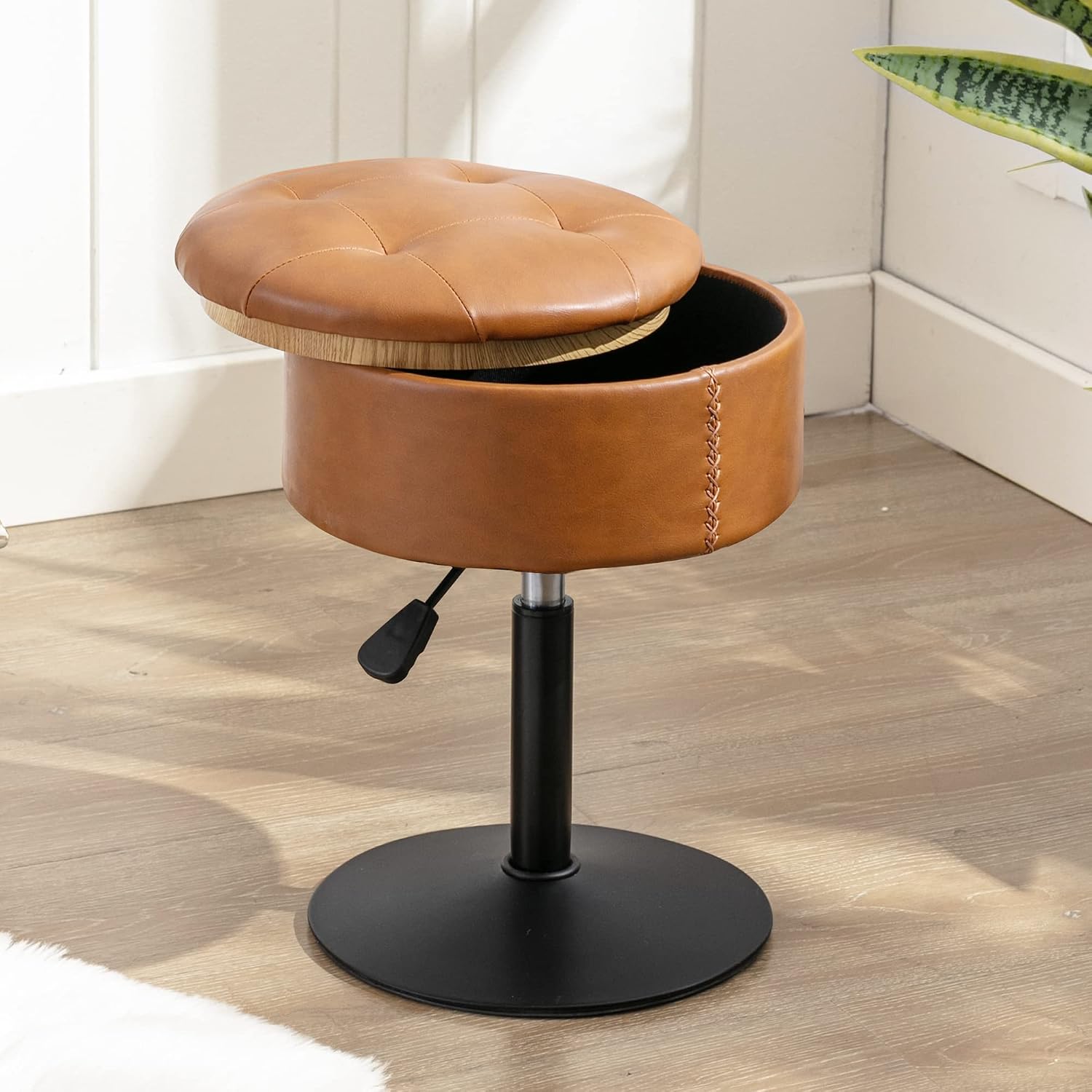 Brown Adjustable Swivel Storage Vanity Stool
