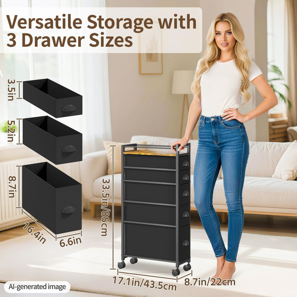 Black Wheeled 5-Drawer Slim Storage Dresser