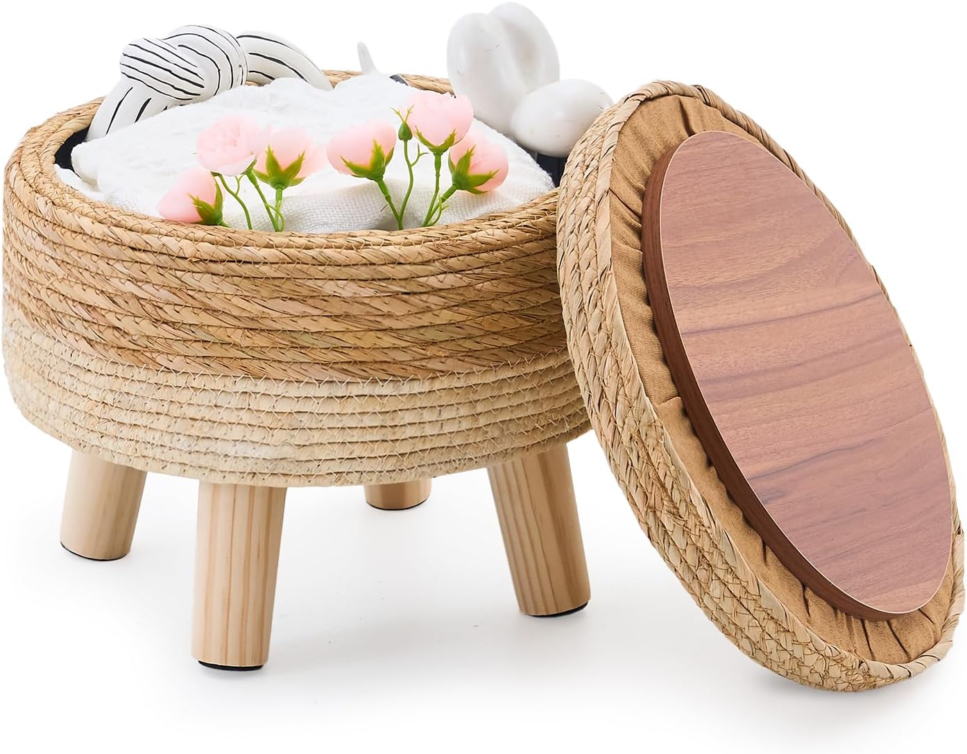 Natural Seagrass Round Storage Ottoman with Wood Legs