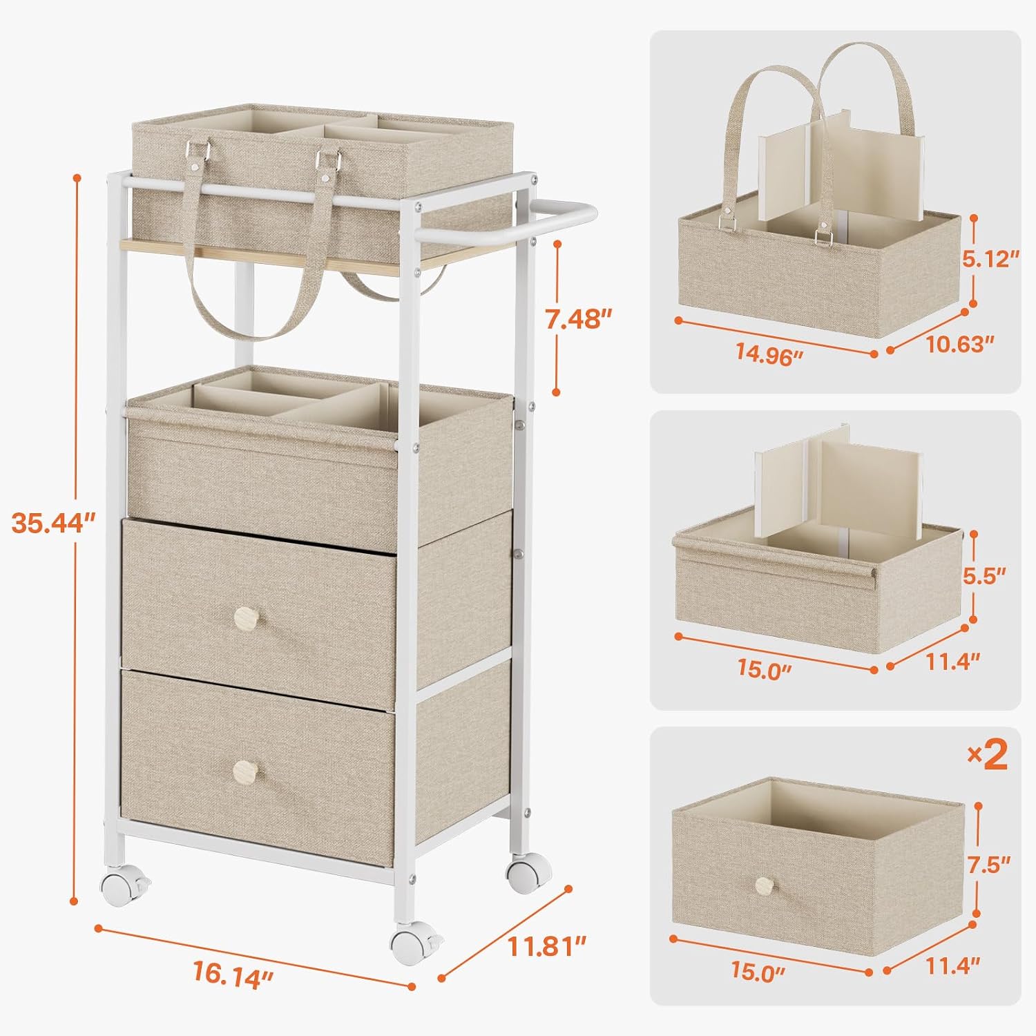 Off White 3-In-1 Rolling Diaper Storage Cart