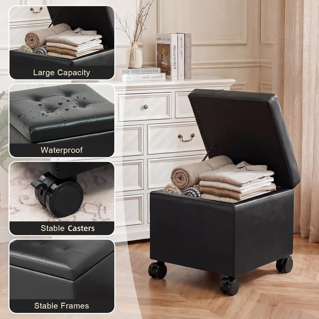 Black Tufted Wheeled Square Leather Storage Ottoman