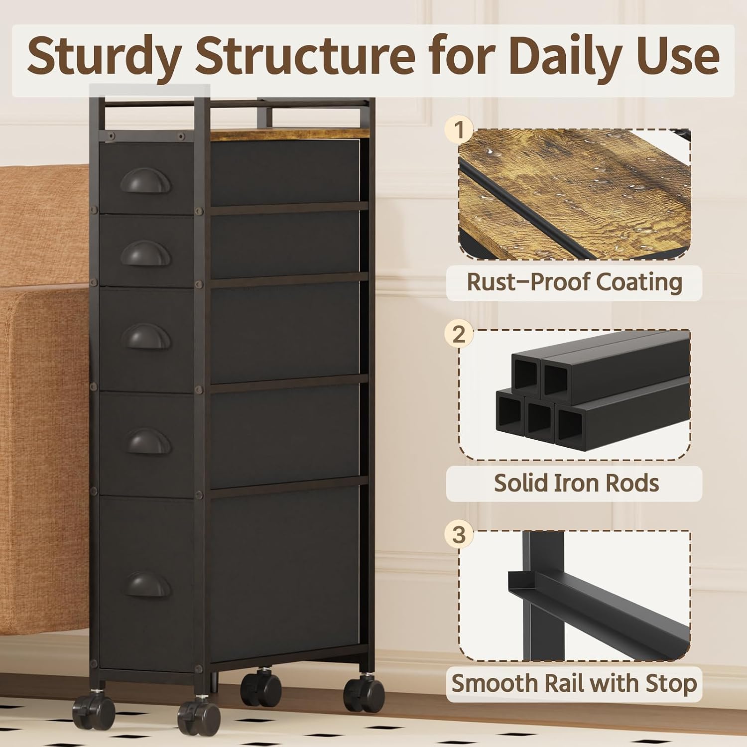 Black Wheeled 5-Drawer Slim Storage Dresser