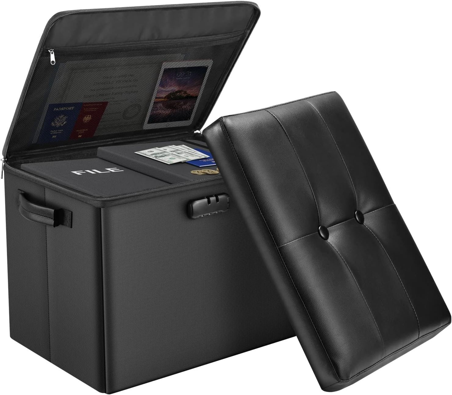 Black Fireproof Lockable Folding Storage Ottoman
