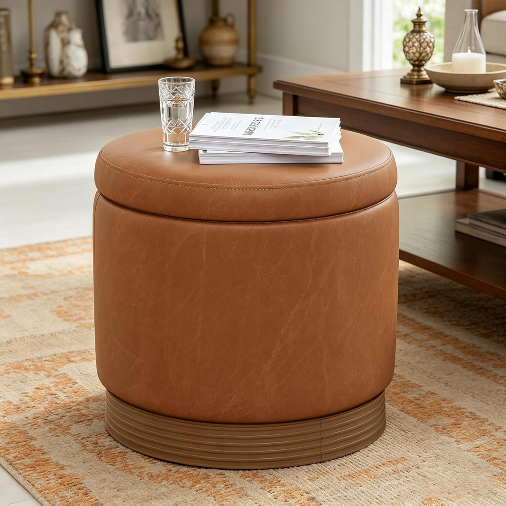 Brown Round Swivel Storage Ottoman with Tray Top