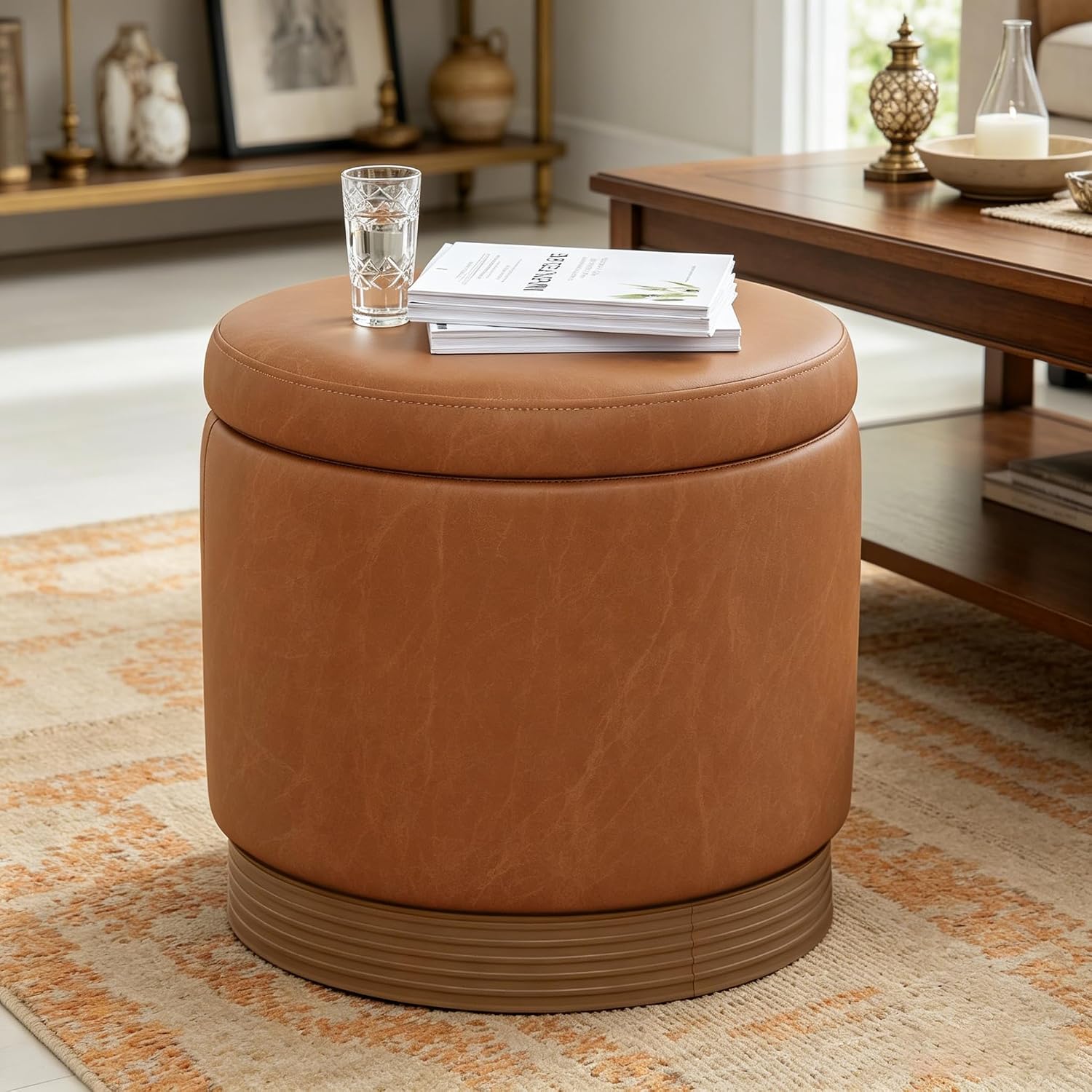 Brown Round Swivel Storage Ottoman with Tray Top