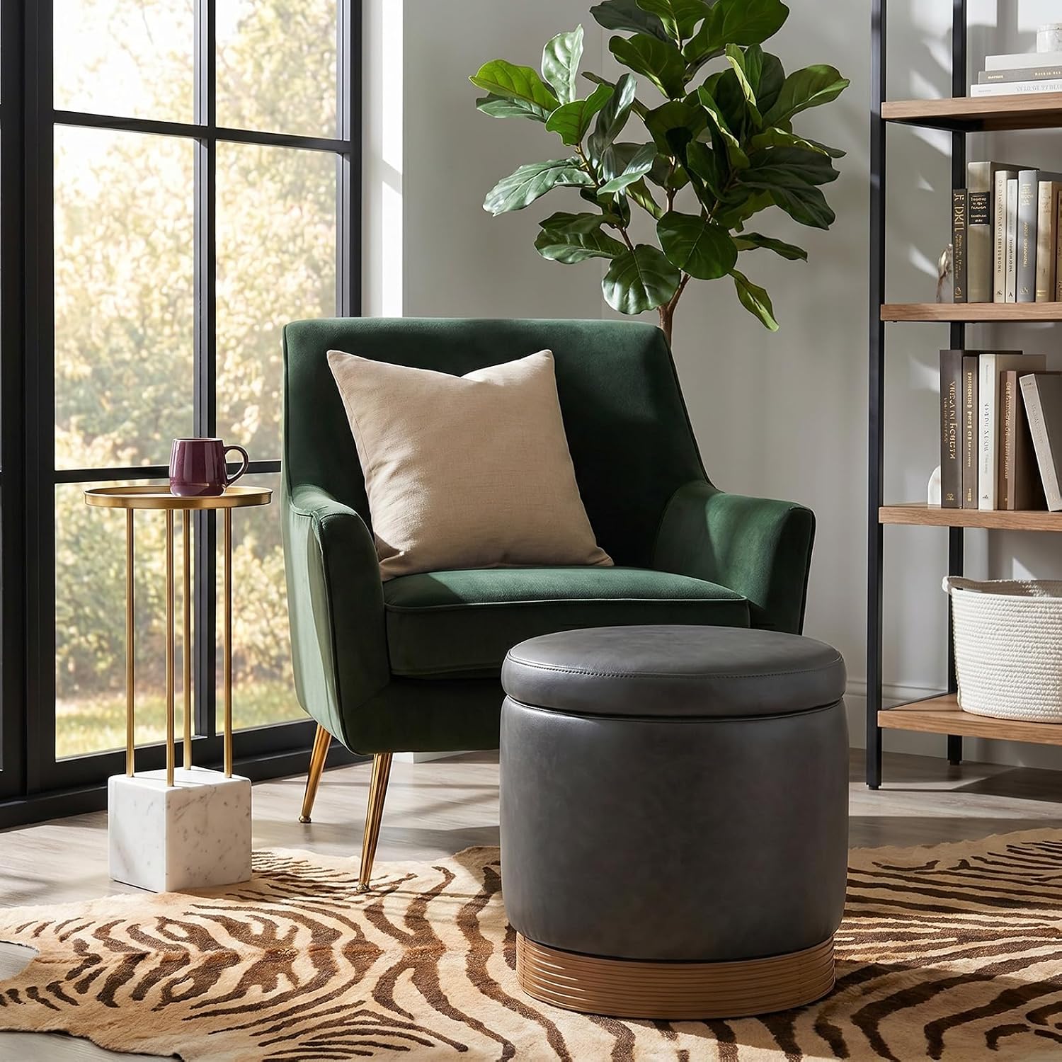 Grey Faux Leather Round Swivel Tray Top Ottoman