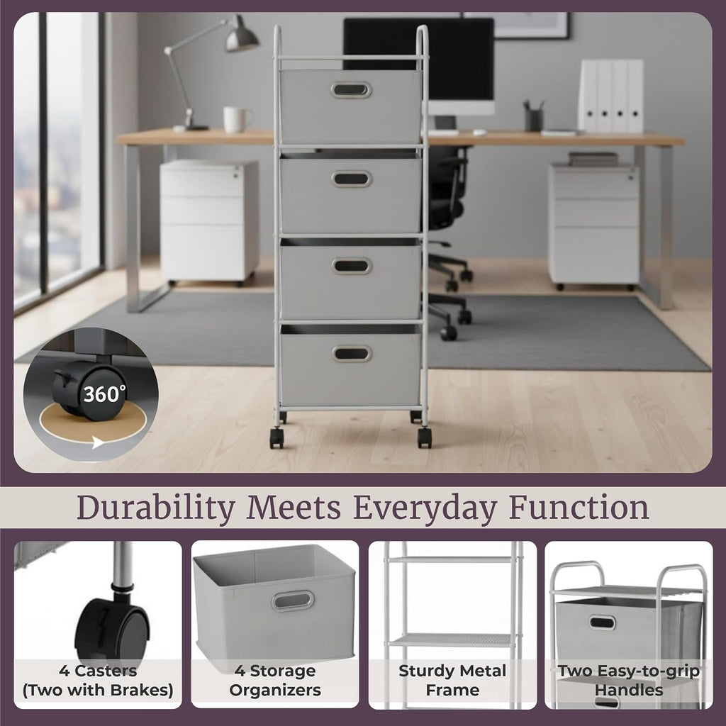 Gray Wheeled Slim 4-Drawer Fabric Dresser