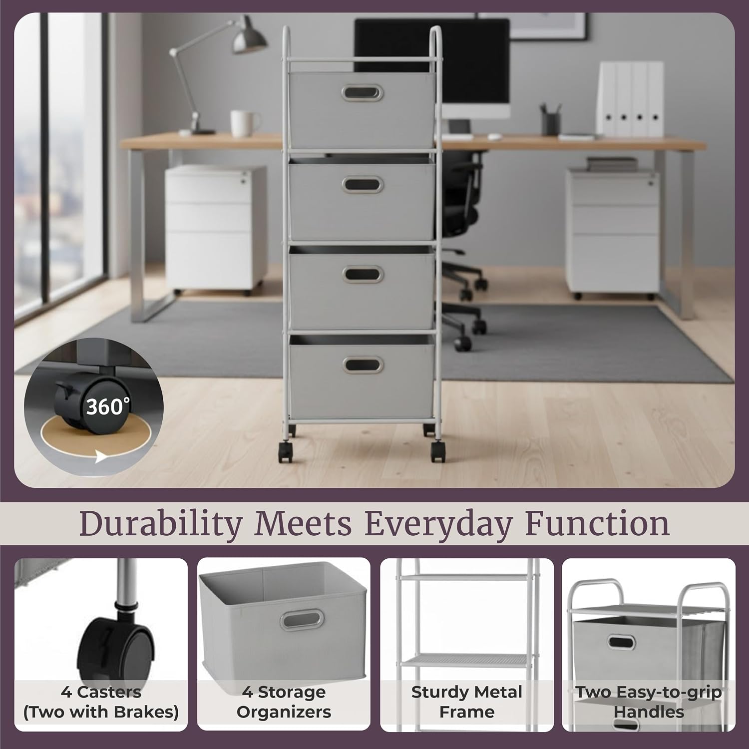 Gray Wheeled Slim 4-Drawer Fabric Dresser