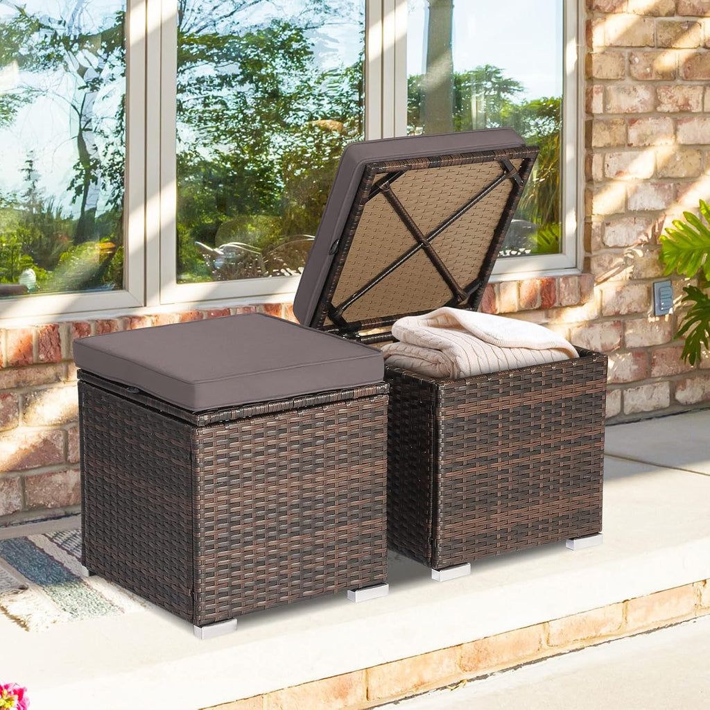 2 Pack PE Rattan Patio Ottoman with Hidden Storage Cushion