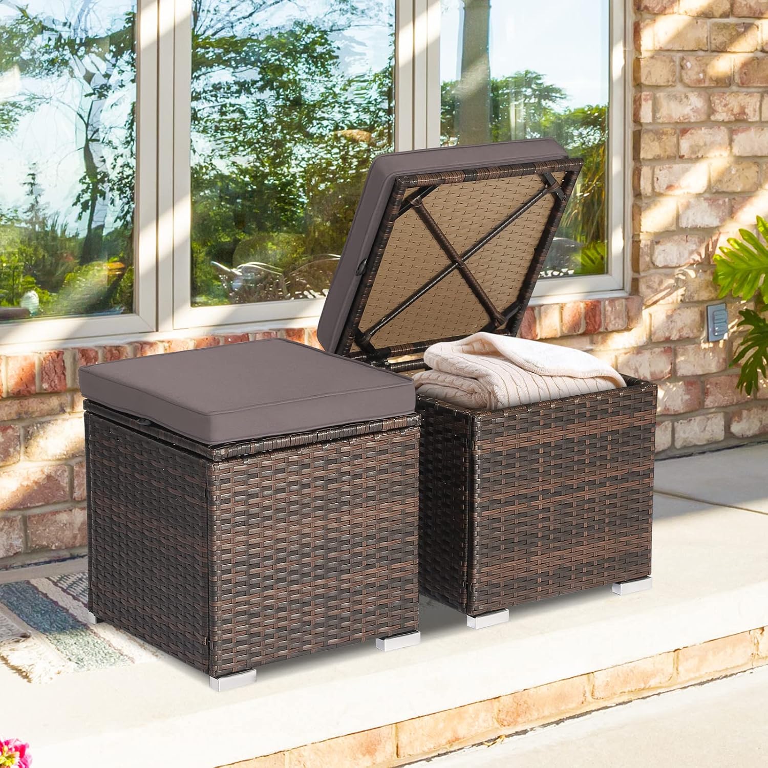 2 Pack PE Rattan Patio Ottoman with Hidden Storage Cushion