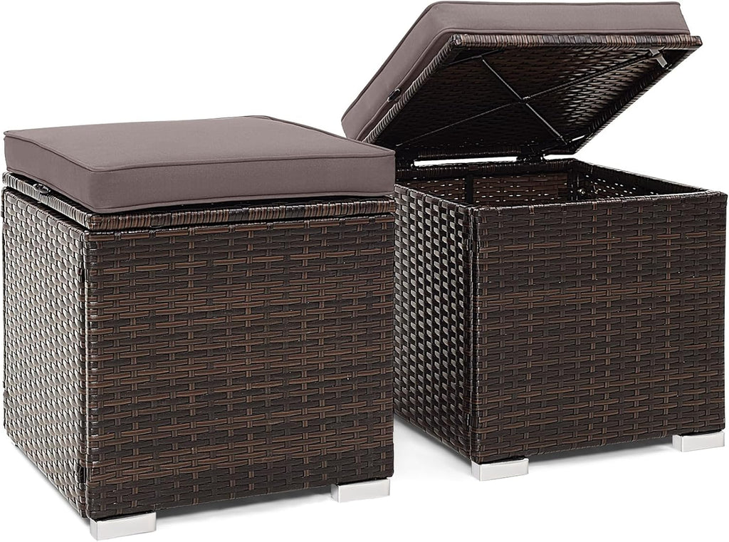 2 Pack PE Rattan Patio Ottoman with Hidden Storage Cushion