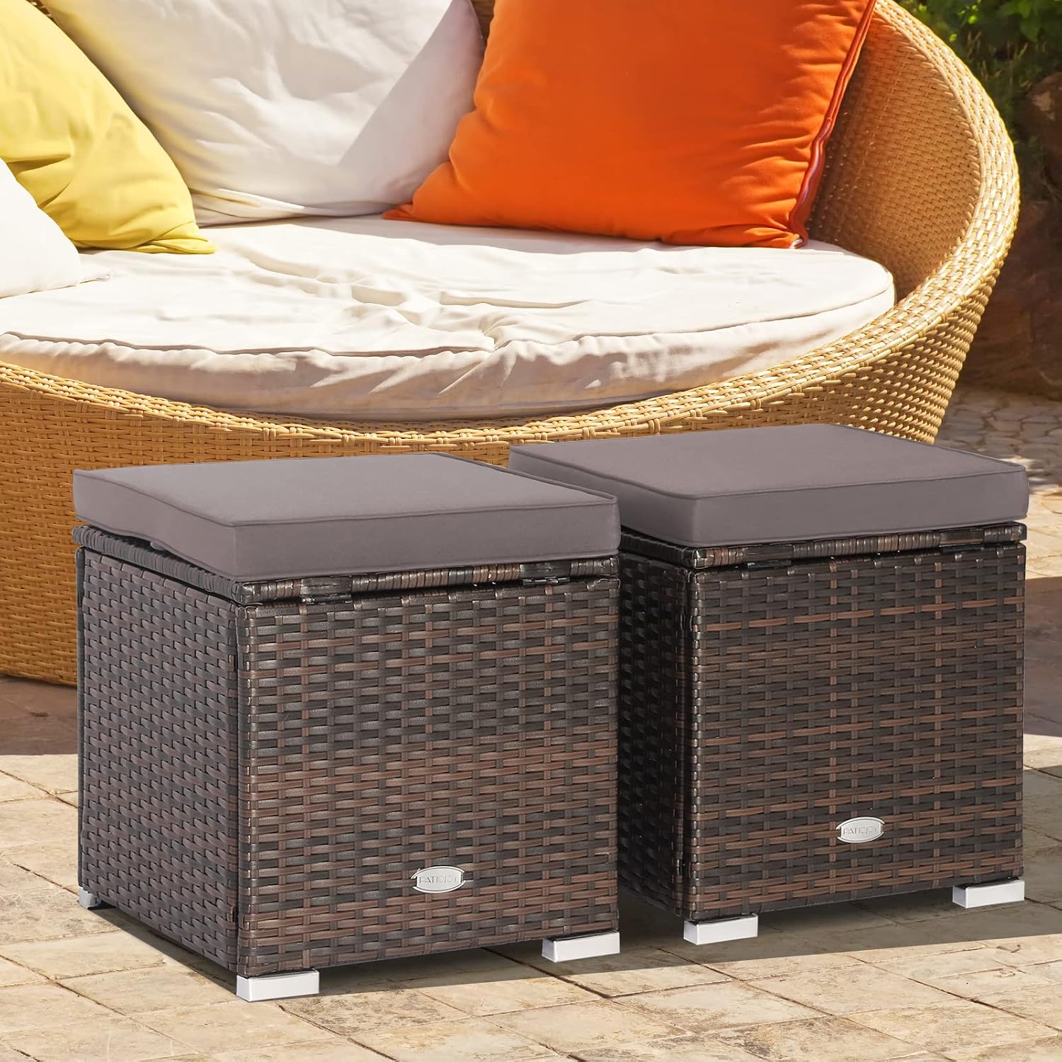 2 Pack PE Rattan Patio Ottoman with Hidden Storage Cushion