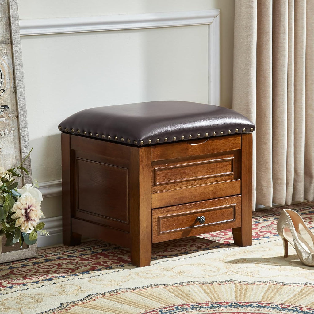 Nailhead Microfiber Leather Drawer Storage Ottoman