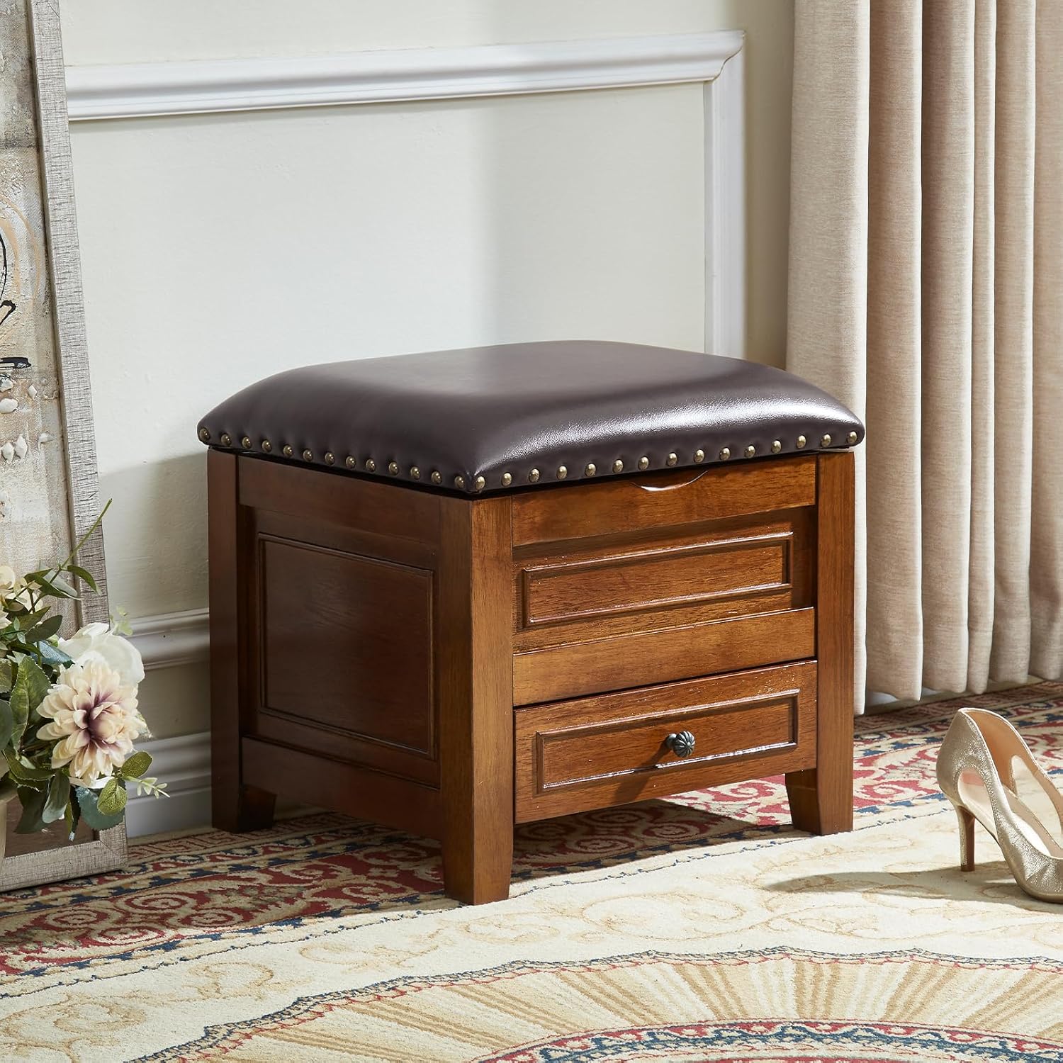 Nailhead Microfiber Leather Drawer Storage Ottoman