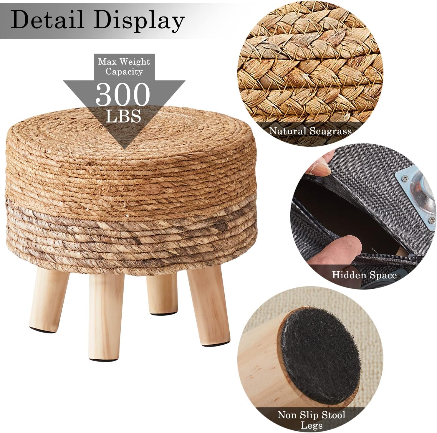 Handwoven Round Seagrass Padded Outdoor Ottoman Stool