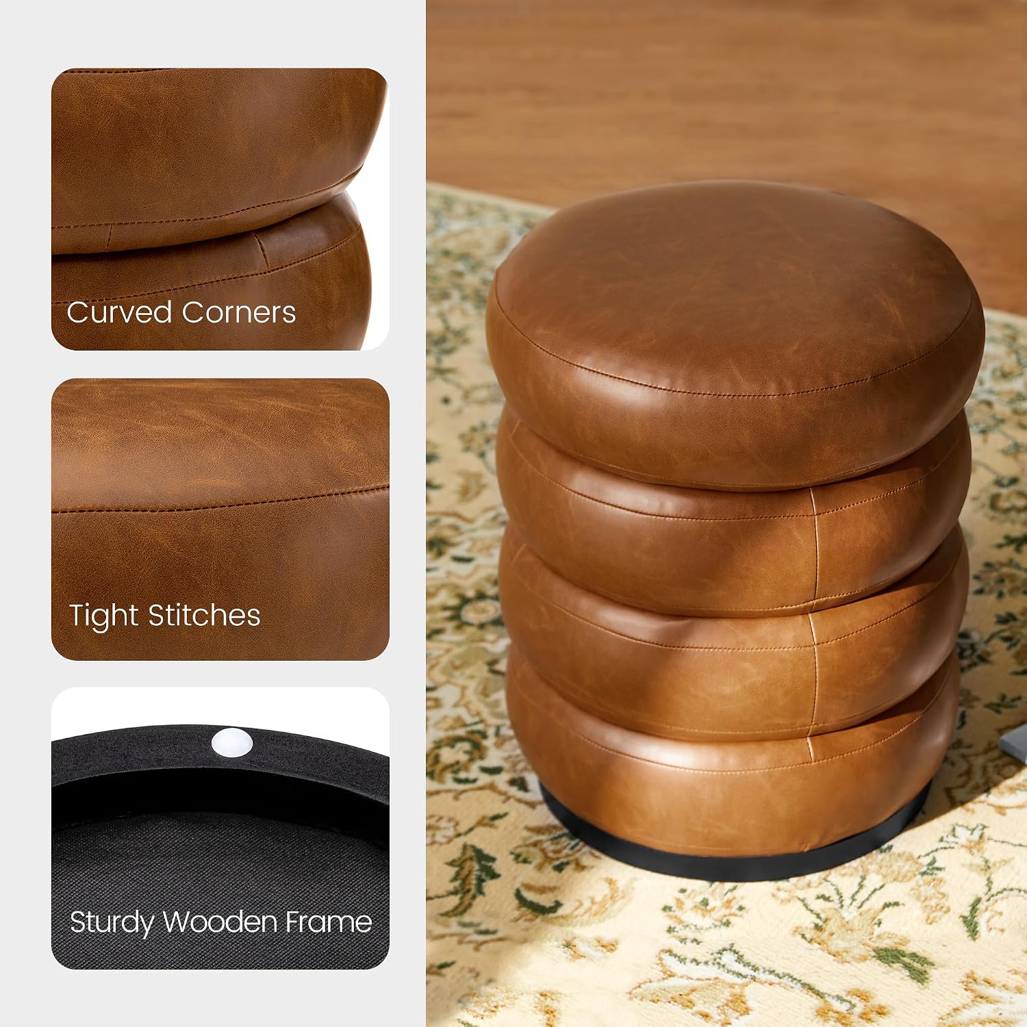 Brown Round Leatherette Storage Vanity Ottoman Stool