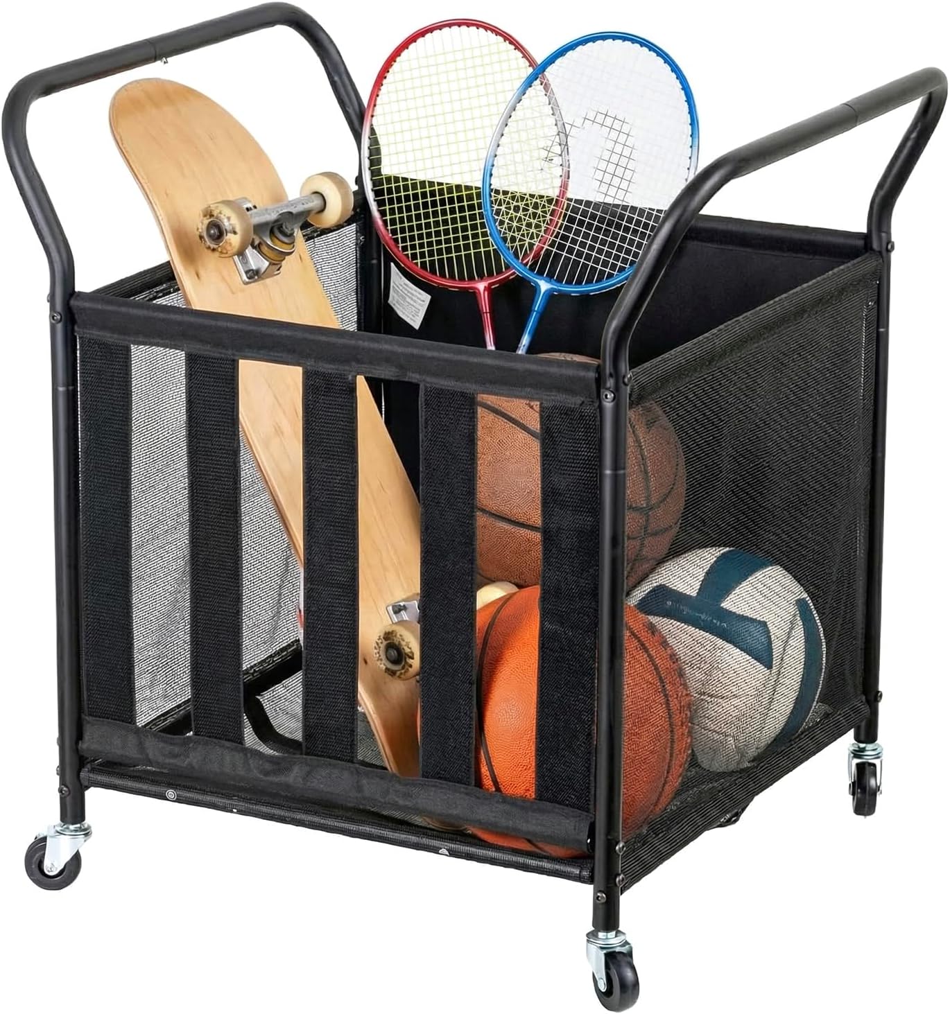 Black Metal Rolling Sports Ball Storage Cart