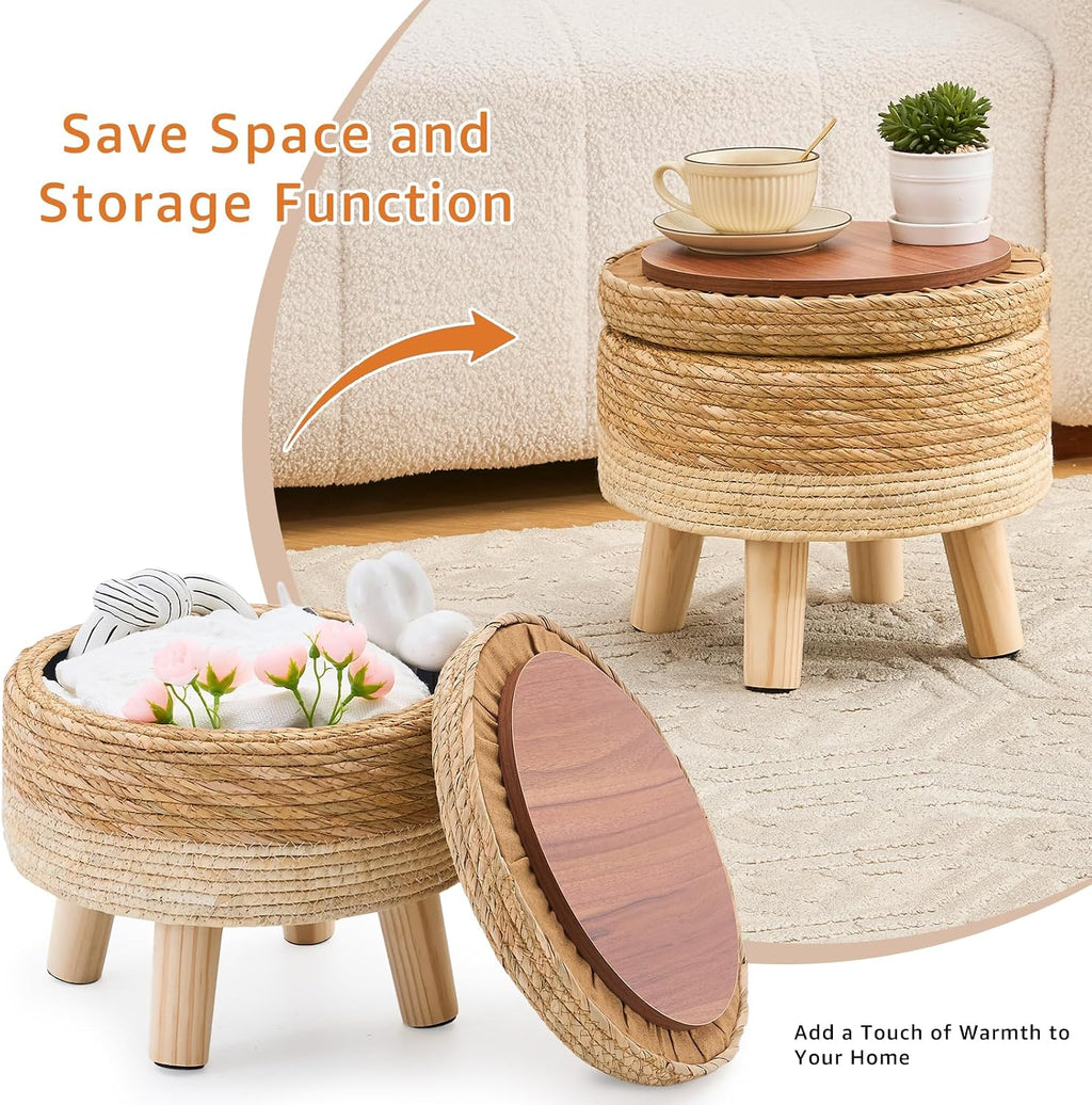 Natural Seagrass Round Storage Ottoman with Wood Legs