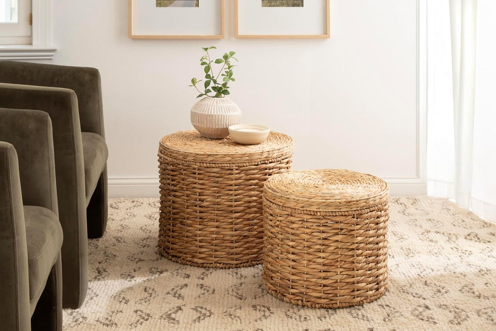 2 Pack Lift-Top Rattan Round Storage Side Ottoman Tables