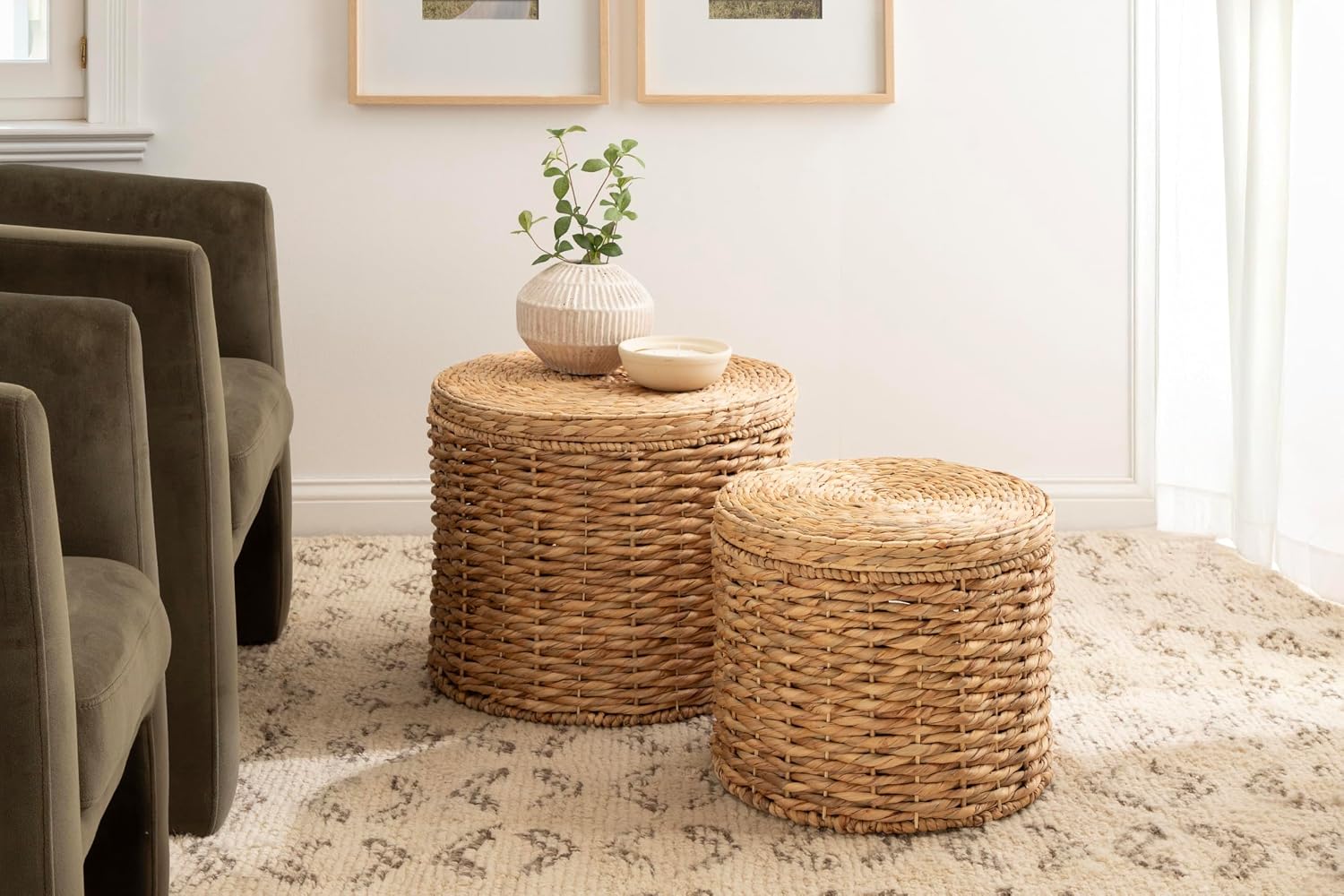 2 Pack Lift-Top Rattan Round Storage Side Ottoman Tables