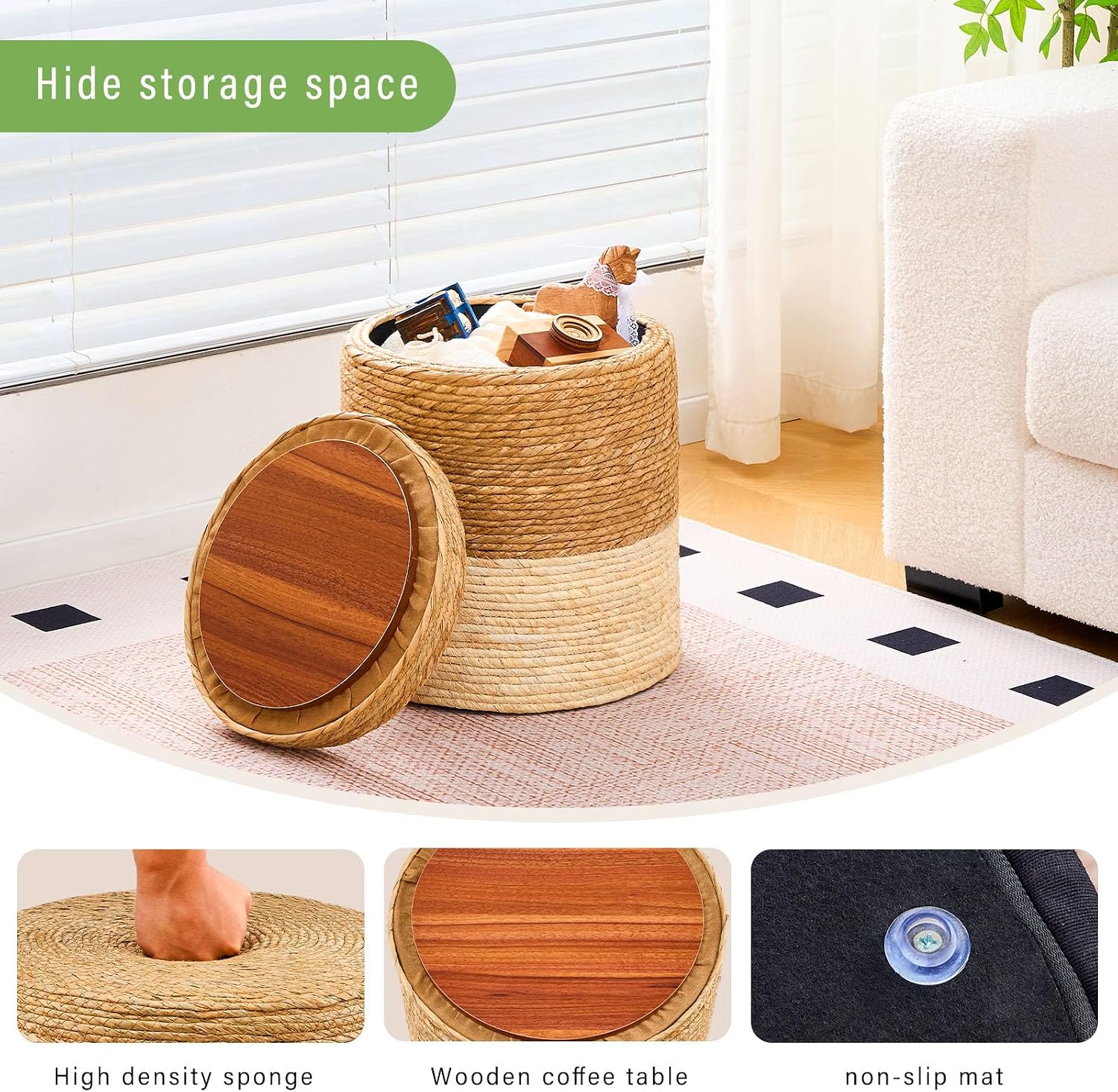 Handwoven Natural Straw Round Bohemian Storage Pouf