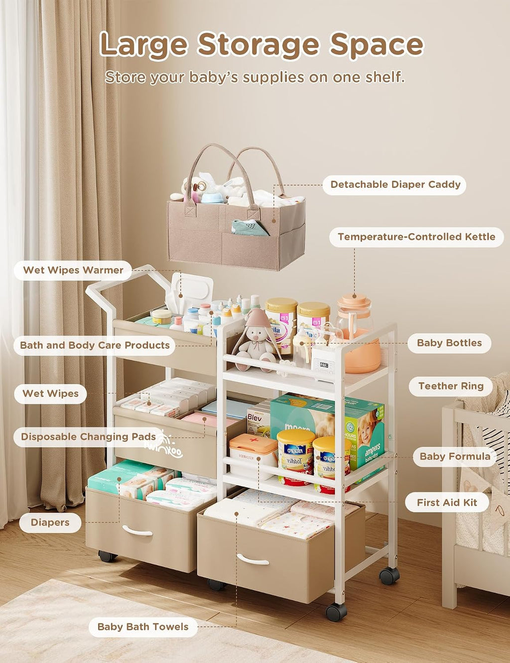 2-In-1 Rolling Nursery Diaper Storage Cart