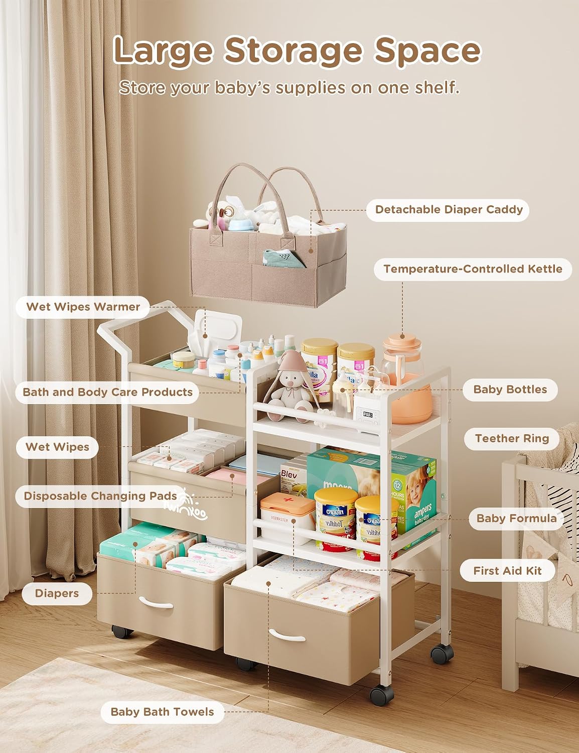 2-In-1 Rolling Nursery Diaper Storage Cart