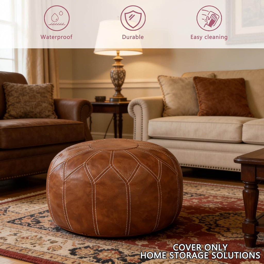 Brown Faux Leather Round Moroccan Pouf Cover