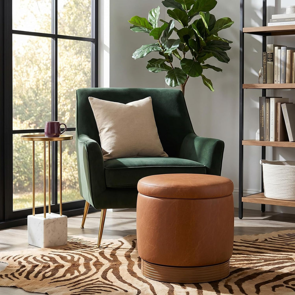 Brown Round Swivel Storage Ottoman with Tray Top