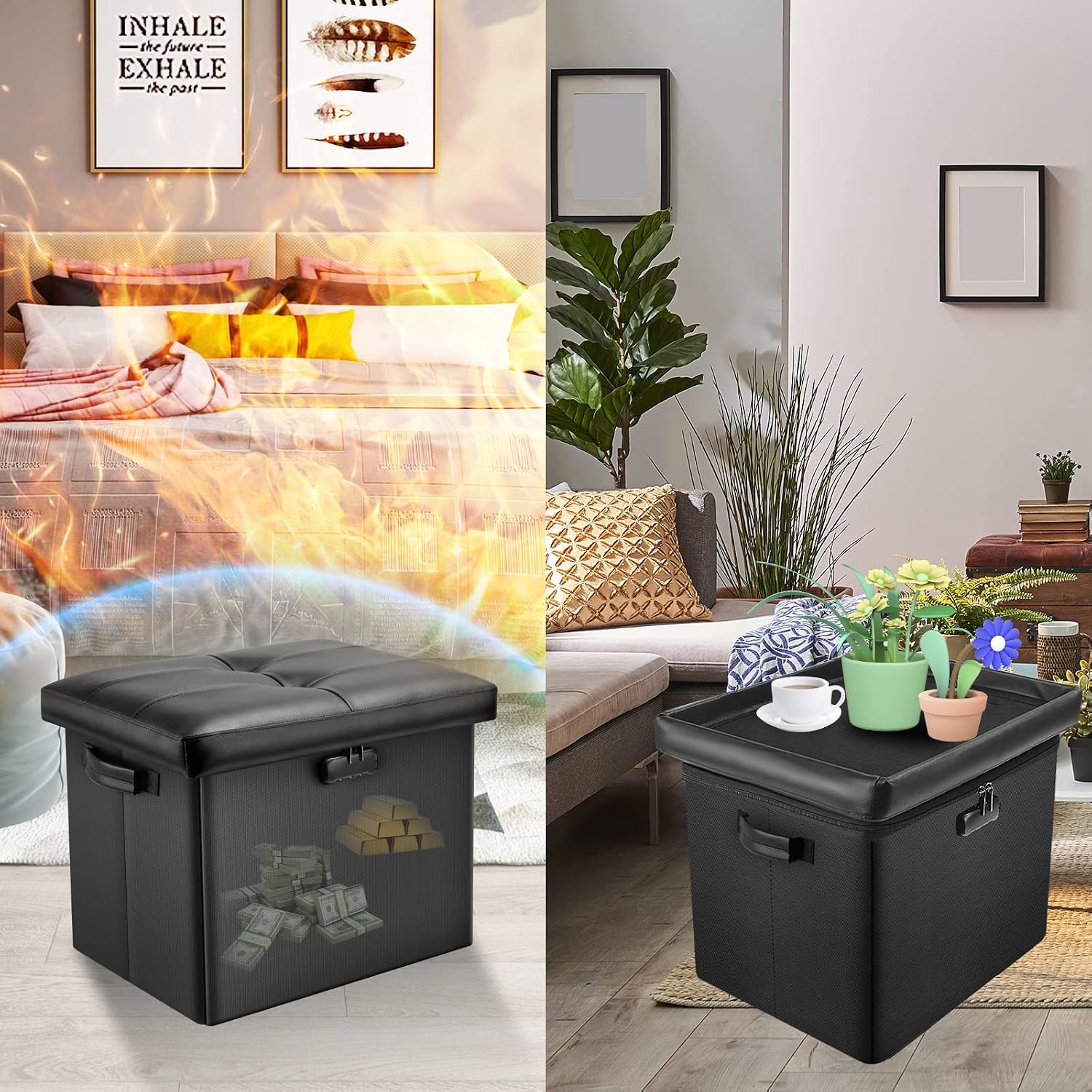 Black Fireproof Lockable Folding Storage Ottoman