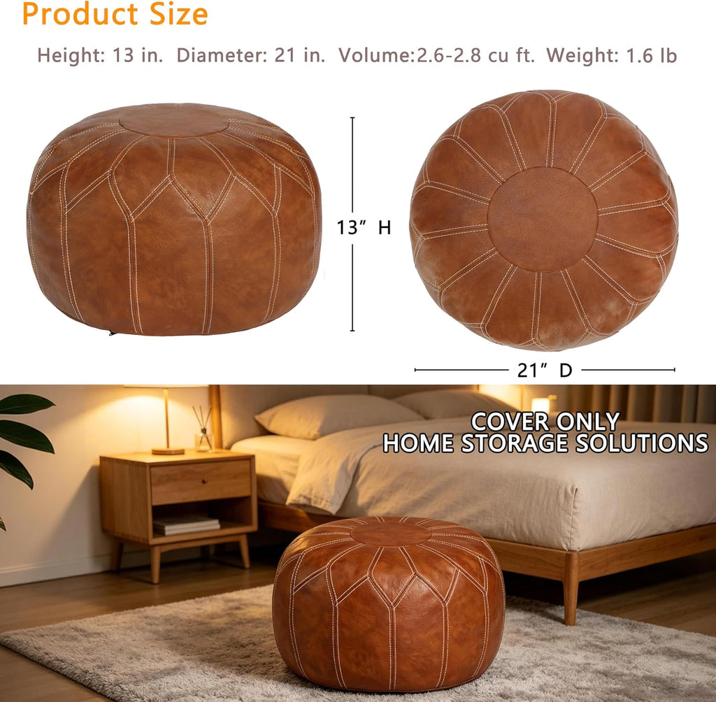 Brown Faux Leather Round Moroccan Pouf Cover
