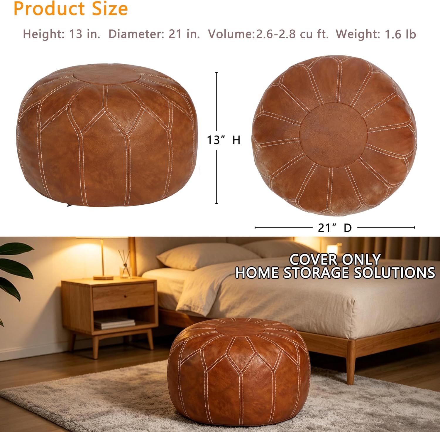 Brown Faux Leather Round Moroccan Pouf Cover