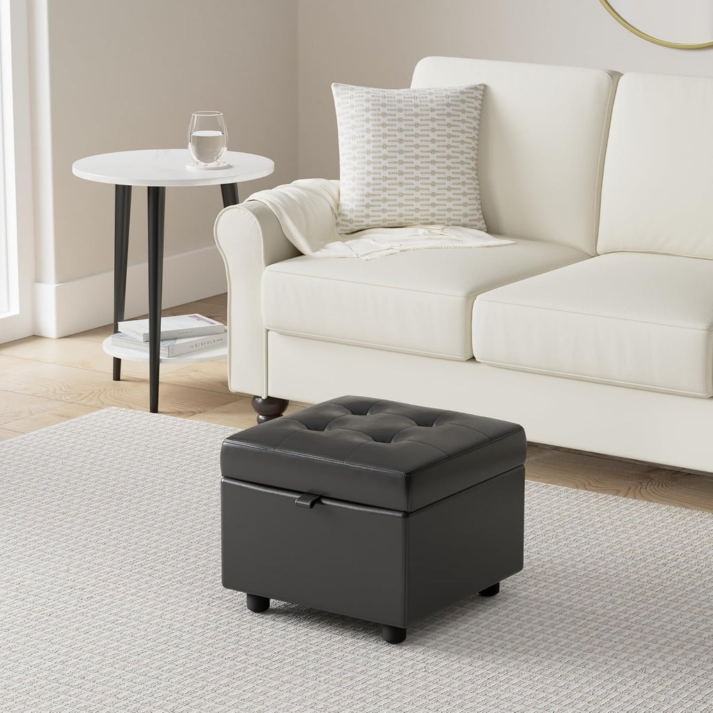Black Tufted Leather Square Flip Top Storage Ottoman
