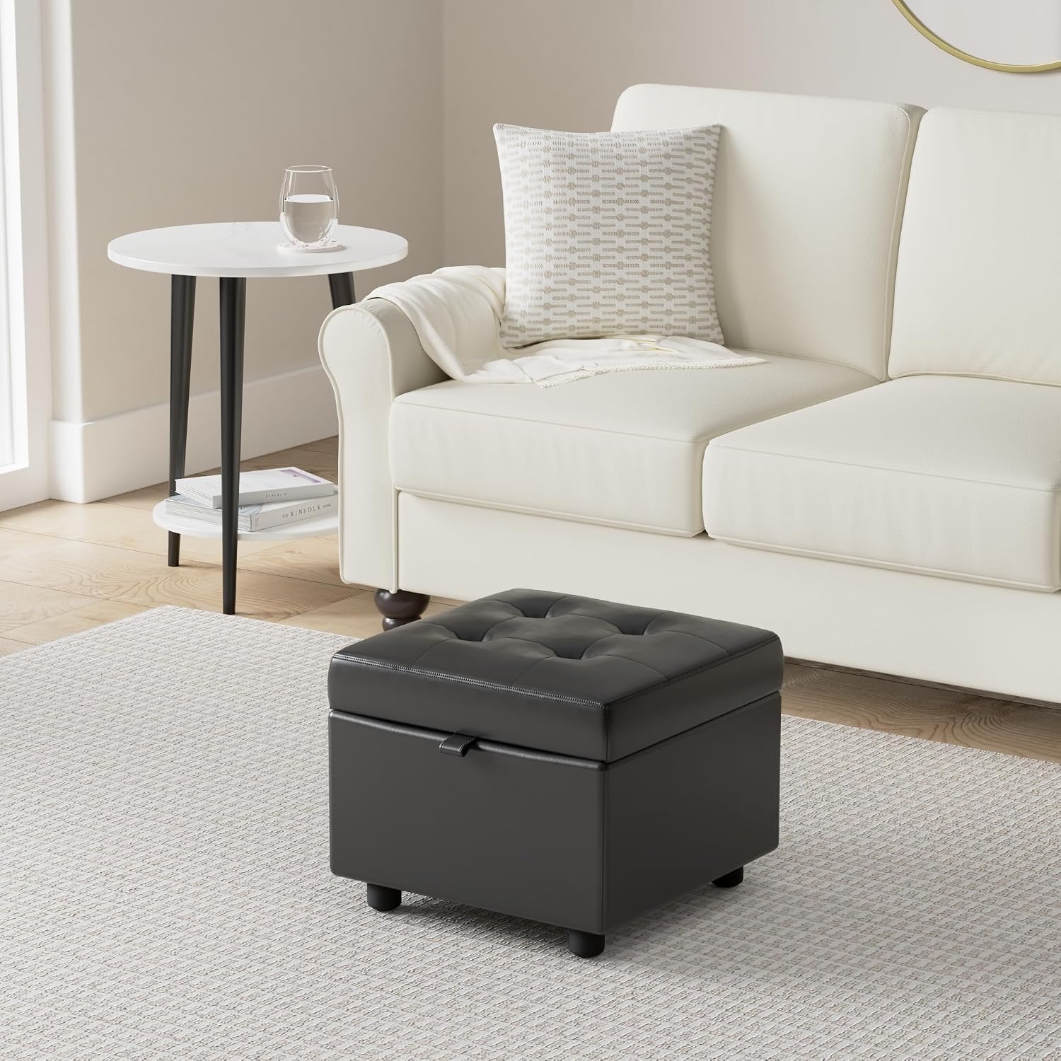 Black Tufted Leather Square Flip Top Storage Ottoman