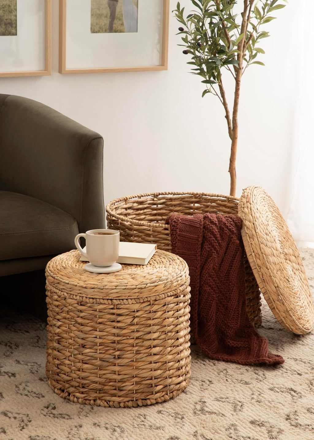 2 Pack Lift-Top Rattan Round Storage Side Ottoman Tables