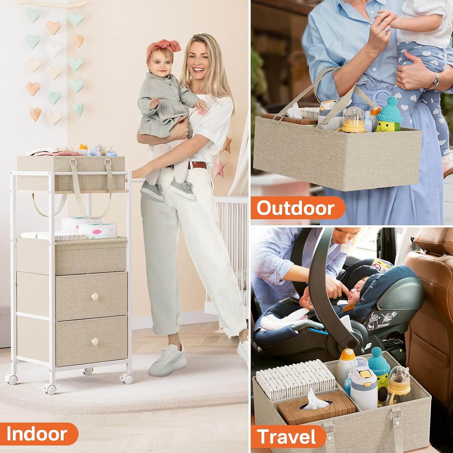Off White 3-In-1 Rolling Diaper Storage Cart
