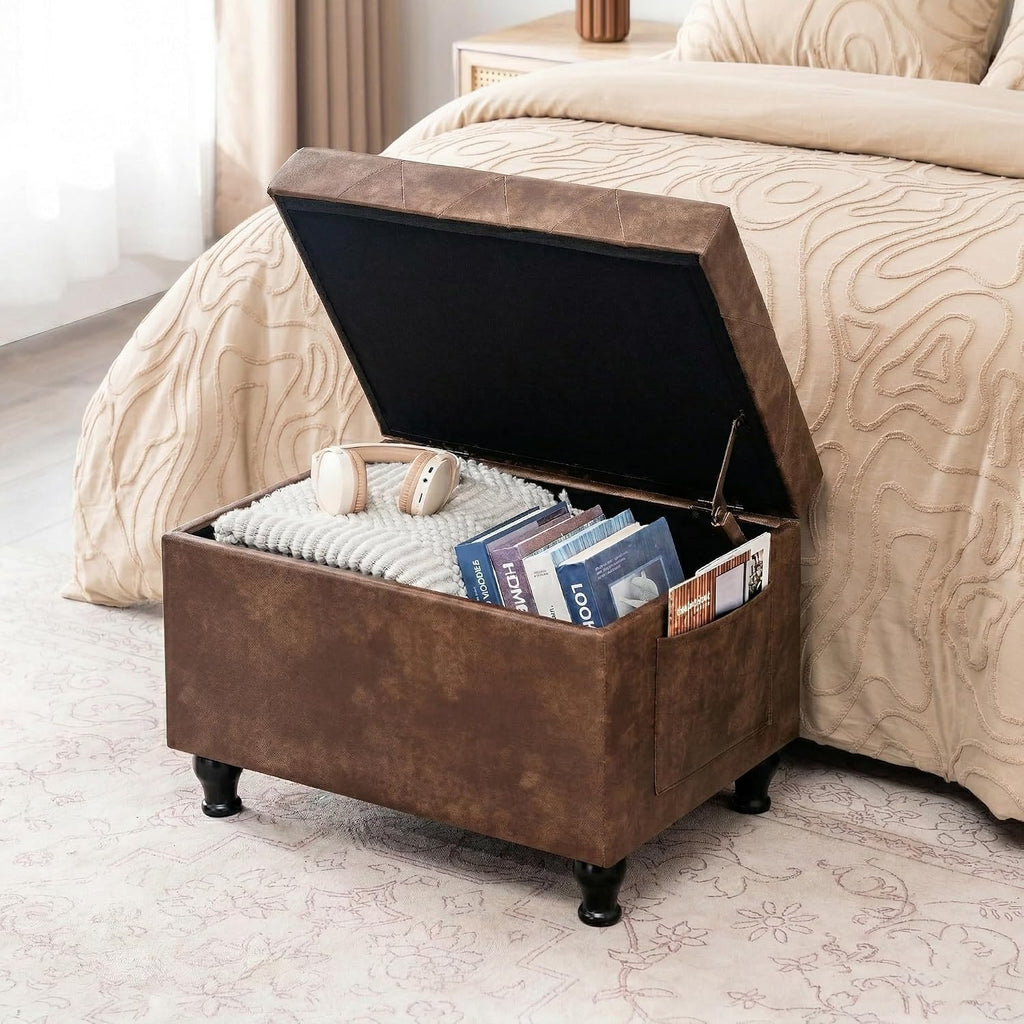 Brown Rectangular Leather Storage Ottoman Bench 24 Inch