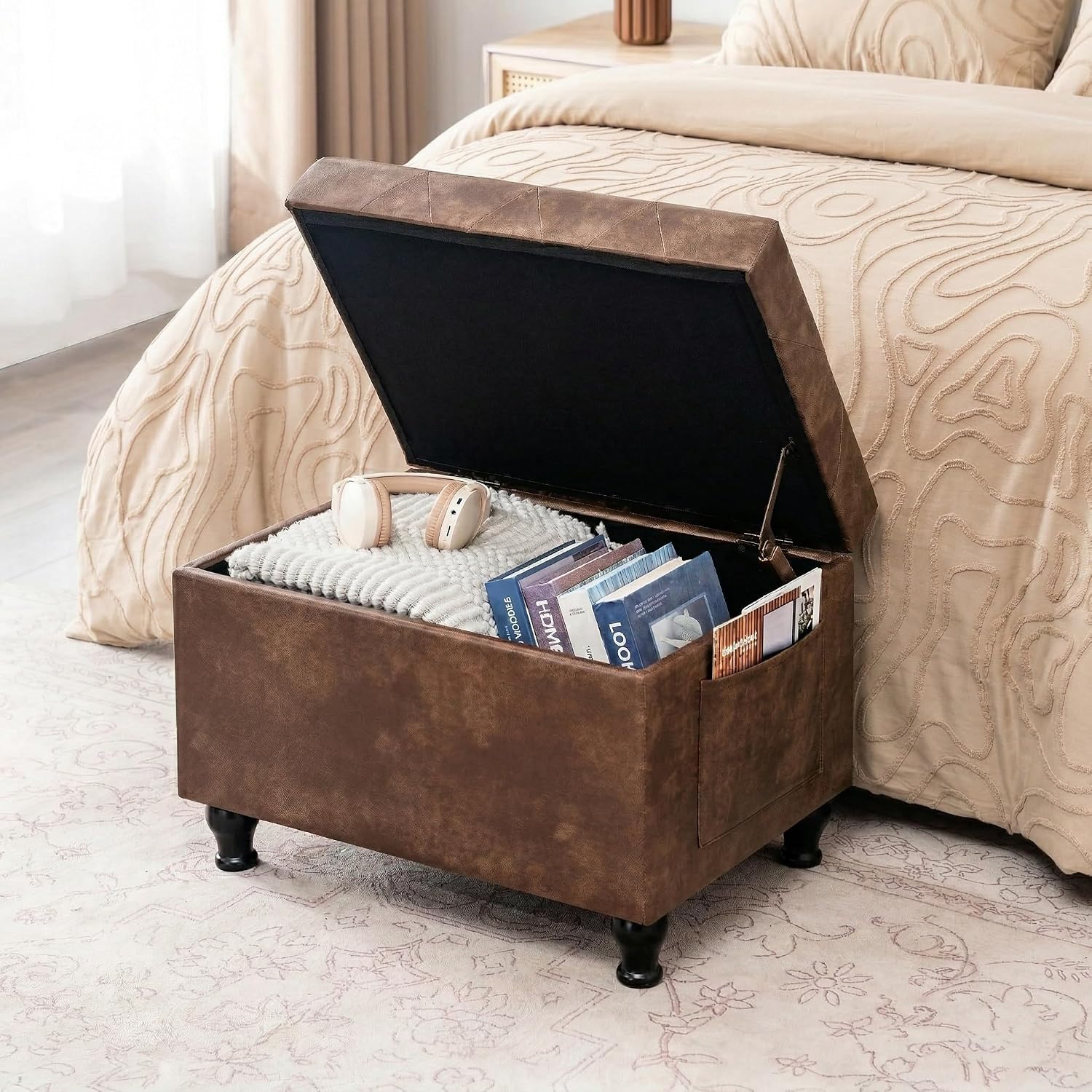 Brown Rectangular Leather Storage Ottoman Bench 24 Inch