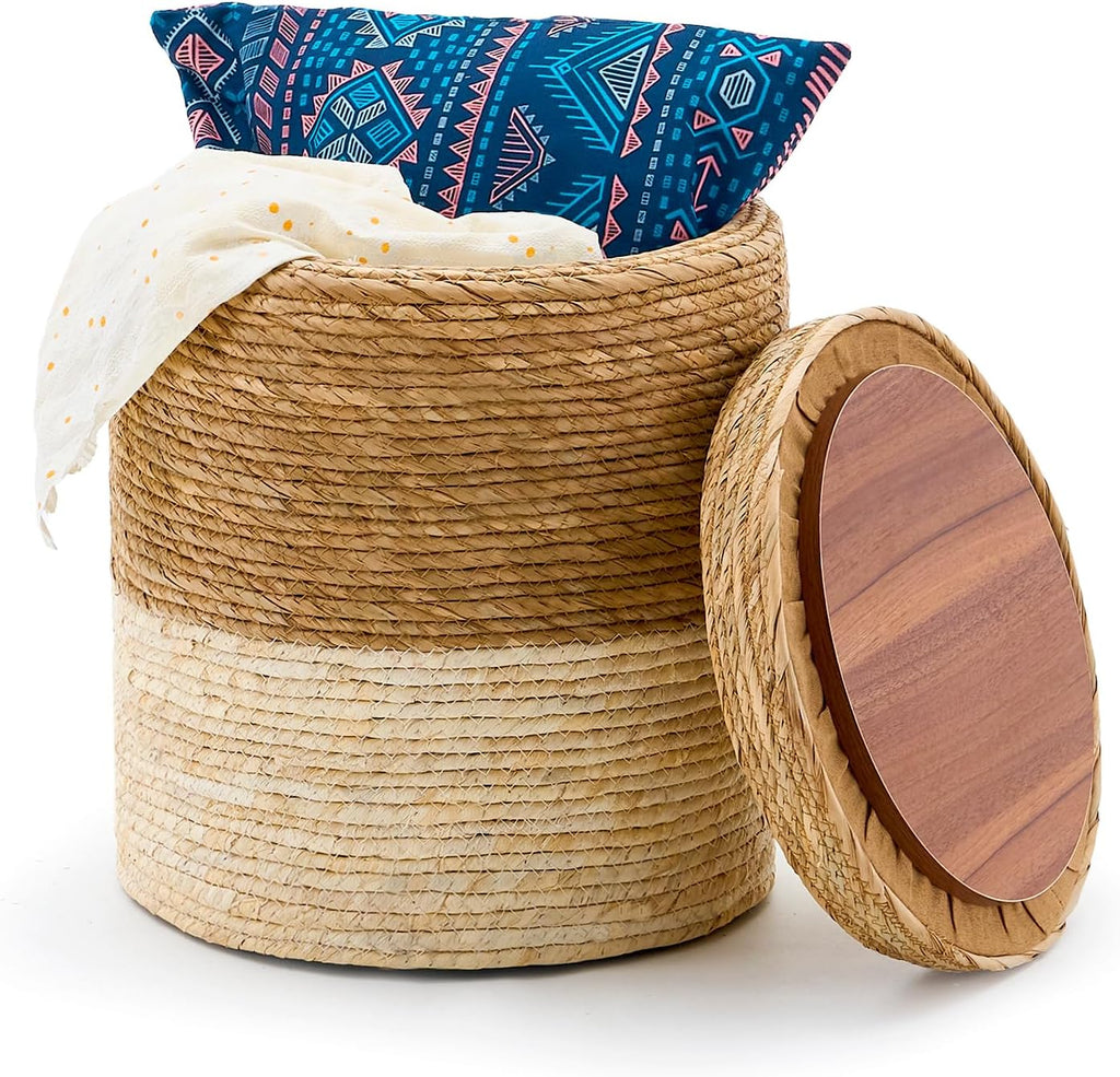 Handwoven Natural Straw Round Bohemian Storage Pouf