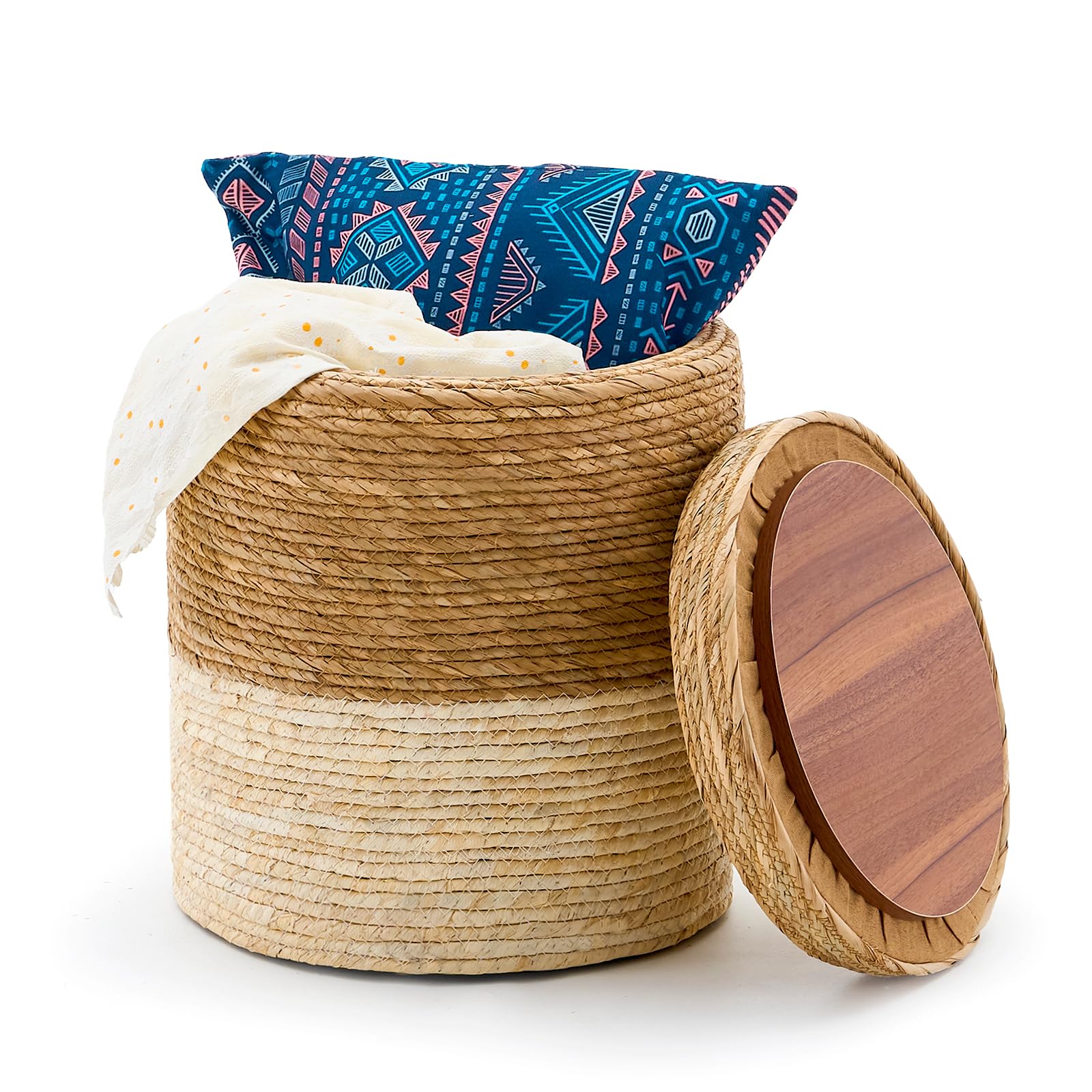 Handwoven Natural Straw Round Bohemian Storage Pouf