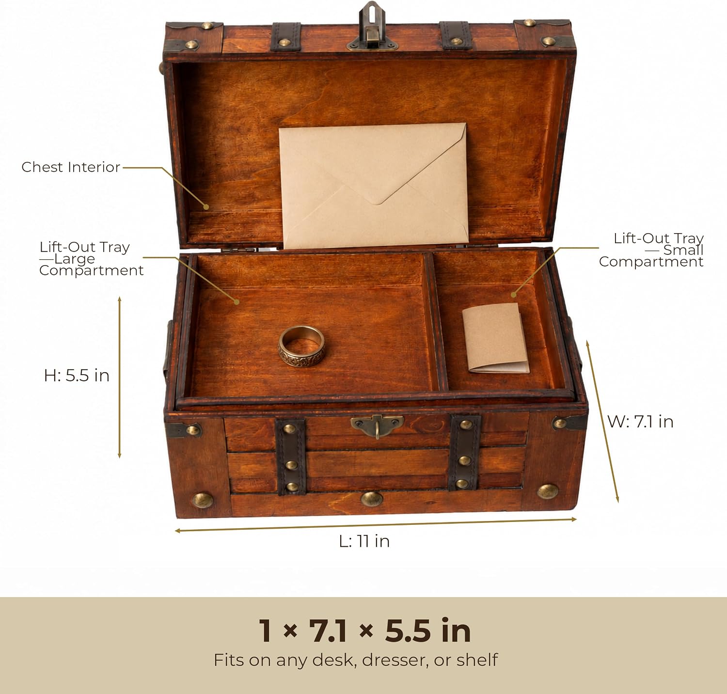 Small Wooden Treasure Chest with Tray & Antique Lock
