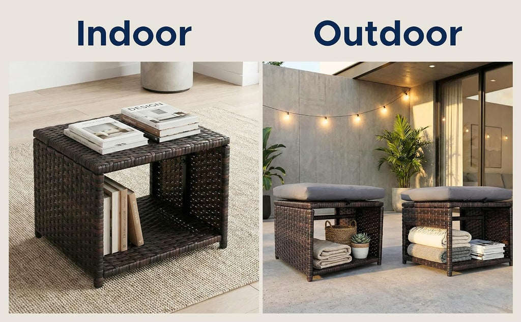 2 Pack All-Weather Wicker Ottoman with Hidden Storage
