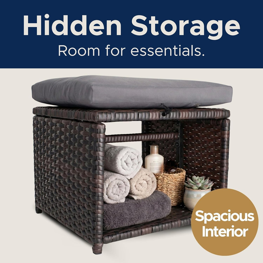 2 Pack All-Weather Wicker Ottoman with Hidden Storage
