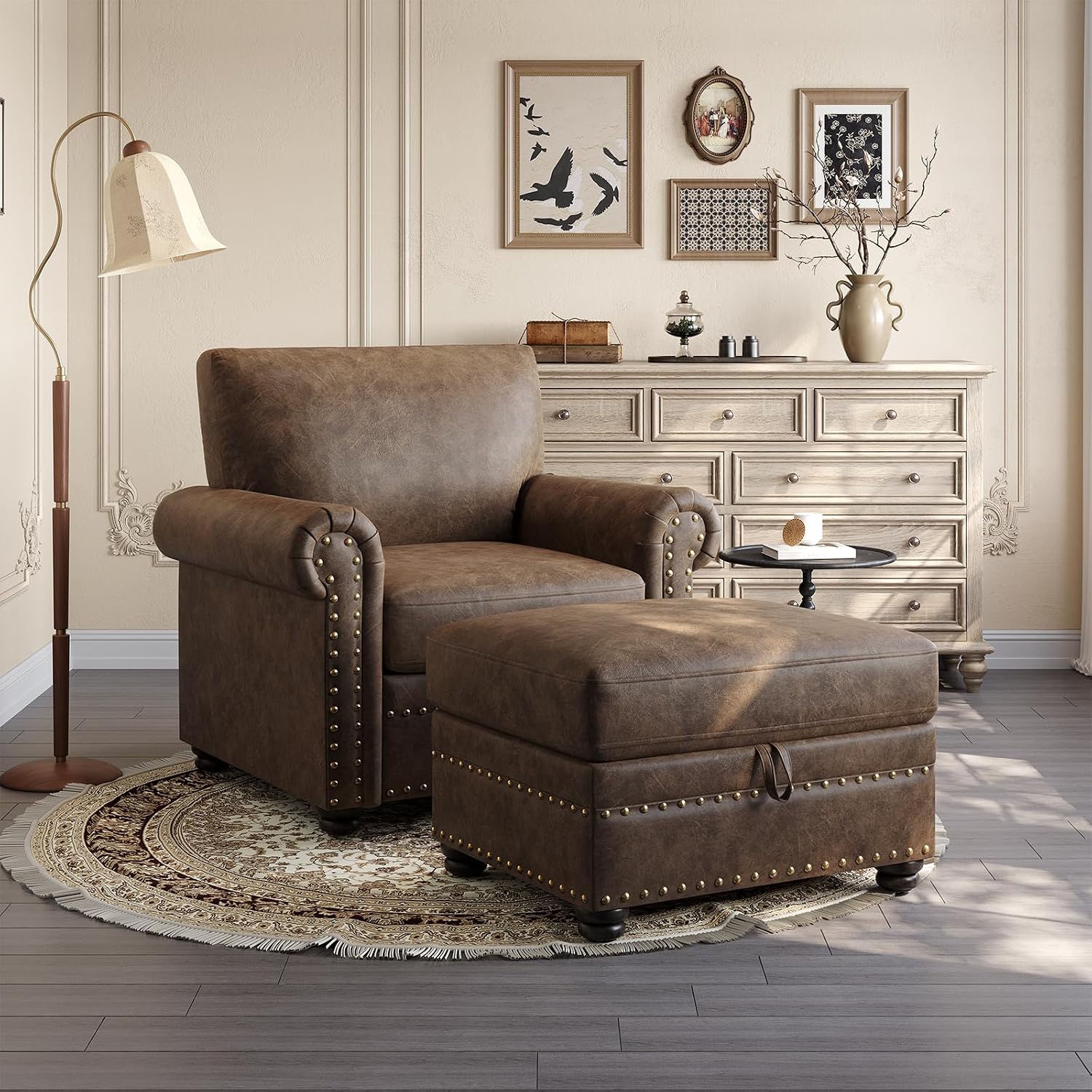 Brown Nailhead Trim Leather Storage Ottoman Bench