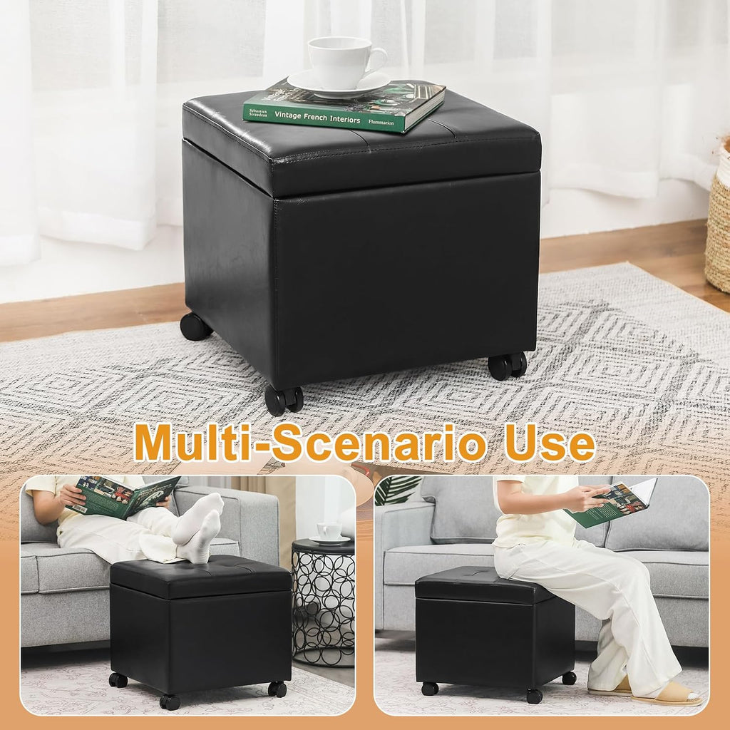 Black Tufted Wheeled Square Leather Storage Ottoman